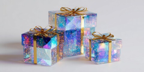 Three transparent gift boxes with gold bows stacked on a white background, bright studio lighting.