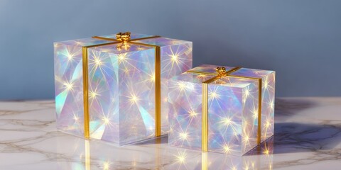 Two illuminated light boxes on a wooden table in a bright indoor setting, minimalistic modern design.