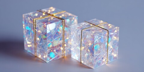 Two clear illuminated boxes on a wooden table, showcasing modern decorative lighting in a minimal indoor setting.