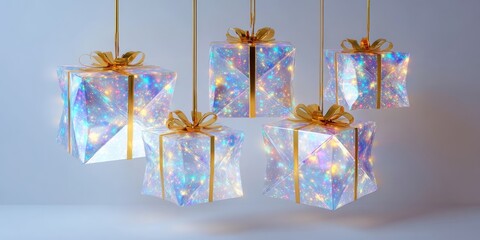 Five colorful gift boxes with gold ribbons hanging from a string against a white background.