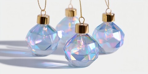 Three transparent glass ornaments suspended from a gold chain on a white background.
