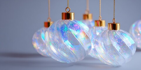 Shiny colorful Christmas ornaments hanging on a string against a blurred background, festive holiday decor.
