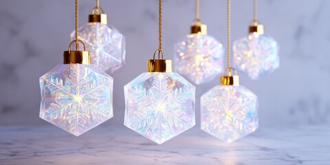 Five clear glass ornaments hanging from a shiny gold chain on a white background, studio lighting.