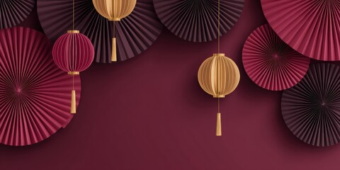 Close-up of colorful paper fans hanging on a white wall, showcasing vibrant textures and patterns.