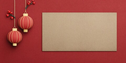 Two red Christmas ornaments hanging on a string beside a blank white card on a plain background.