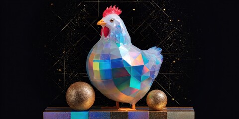 Colorful decorative chicken and two golden eggs displayed on a white stand with soft lighting.