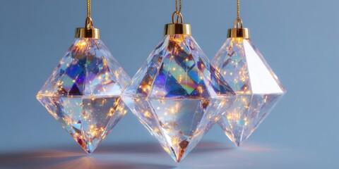 Three transparent glass ornaments suspended by gold chains against a solid blue backdrop, studio lighting.