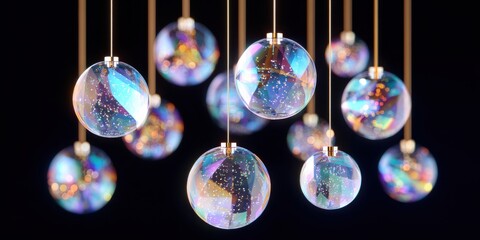 Transparent glass ornaments hanging from ceiling, reflecting light in a bright indoor space.