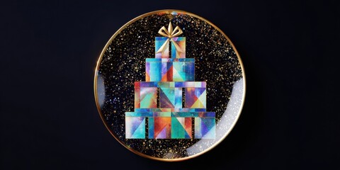 Single candle-lit cake on a clear glass plate against a white background, minimalistic and bright.
