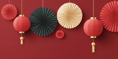 Close-up of colorful paper fans hanging on strings against a bright, blurred background in daylight.