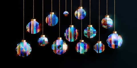 Colorful glass ornaments hanging from a gold chain against a white background, bright and vibrant decor.