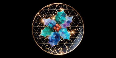 Close-up of Christmas decoration featuring holly leaves and red berries on a blurred background.