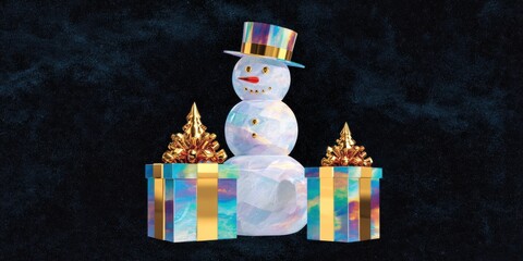 Small snowman sitting on a red gift box with a snowy background, winter holiday decoration.