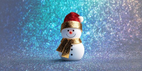 Snowman wearing a red hat and scarf stands outdoors on a snowy winter day with clear sky.