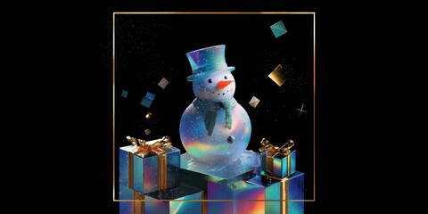 Snowman standing on colorful wrapped gifts against a snowy background, bright winter daylight scene.