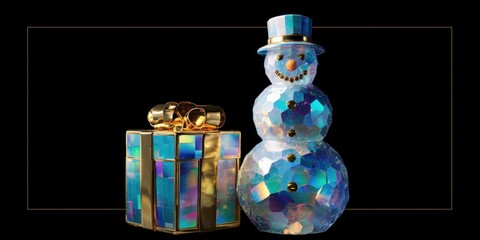 A white snowman with a red scarf and a wrapped gift box on a black background, studio lighting.