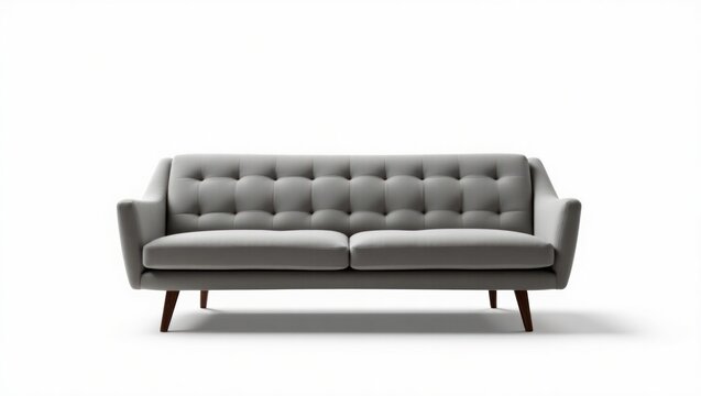 Gray tufted sofa with wooden legs.