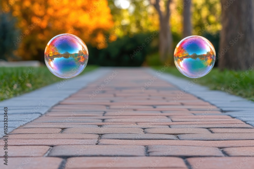 Poster two floating iridescent orbs over a brick path in a garden with vibrant autumn foliage in background