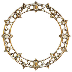 Ornate golden circular frame with detailed design isolated on tranparent background.