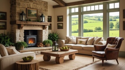 Fototapeta premium Rustic living room with a view of rolling hills.