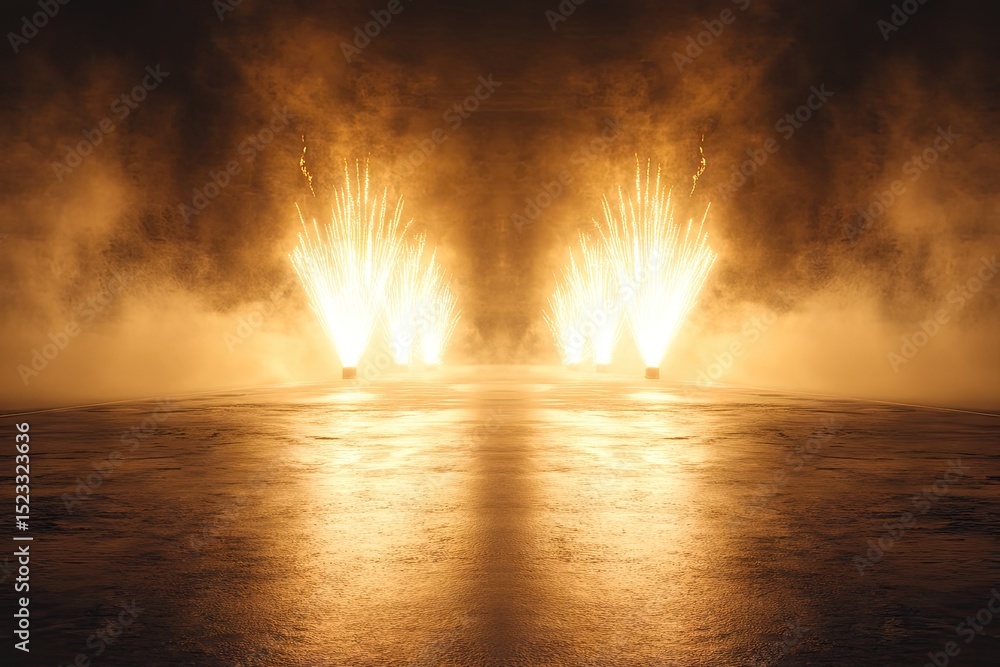 Aufkleber illuminated stage setting with golden lighting emanating smoke. abstract view