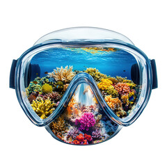 Underwater coral reef scene viewed through a diving mask isolated on tranparent background.