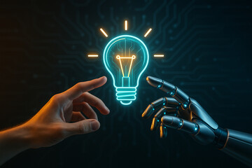 Human and robot hand reaching for glowing light bulb, symbolizing AI innovation and collaboration