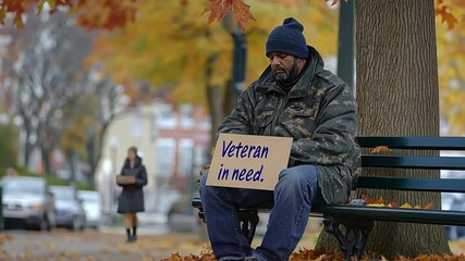 A veteran sits on a bench with a sign, amidst autumn leaves.