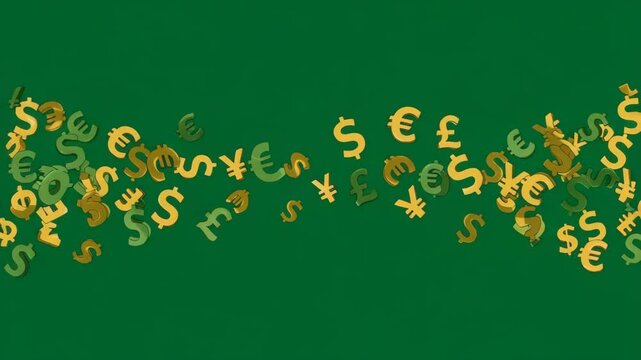 Gold Currency Symbols Falling on a Green Background