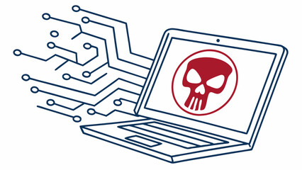 Laptop with Skull Icon and Circuit Board Lines Cyber Security Threat