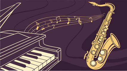 Naklejka premium Musical Instruments Piano Saxophone and Flowing Musical Notes