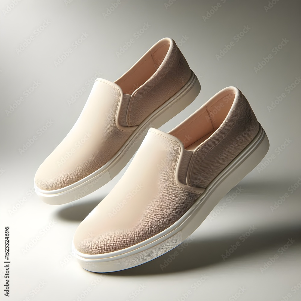 Poster light beige slip-on casual shoes floating above a grey background in clean minimal studio lighting c