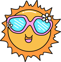 Retro Groovy Cartoon Sun Wearing Sunglasses with Flowers