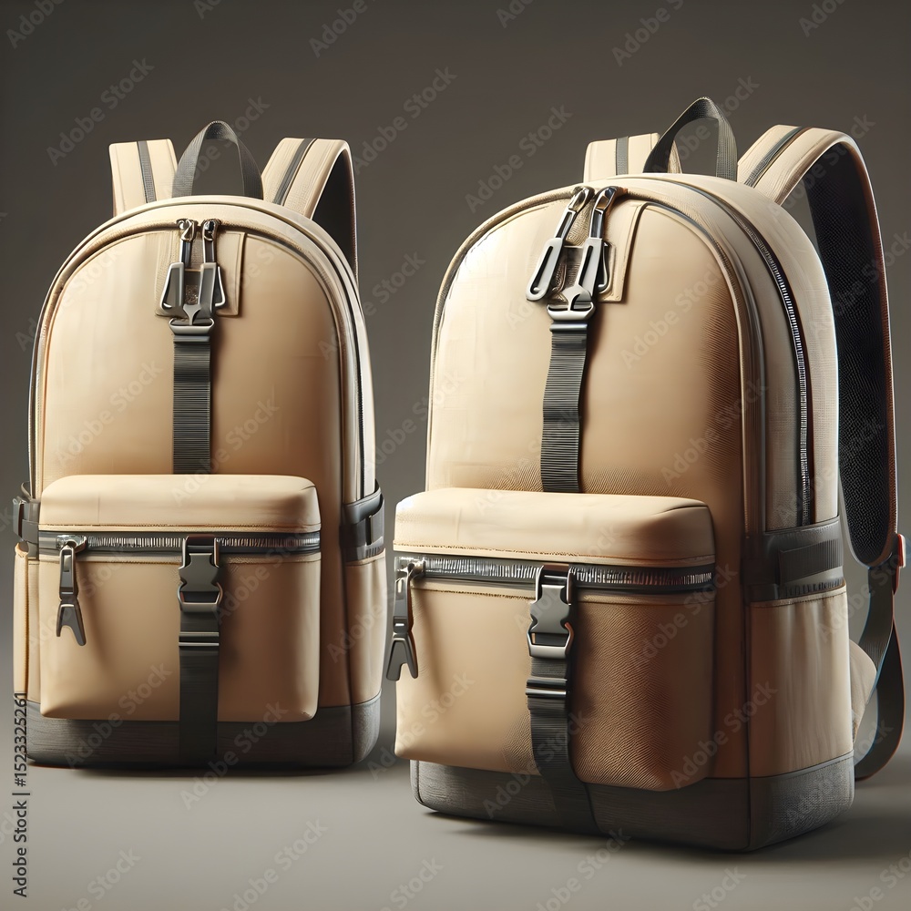 Poster casual unisex school backpack shown from front and side views isolated on soft grey background in cl