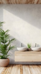 Modern bathroom vanity with potted plant and double sinks.