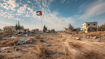 Devastation in arabic village with palestinian flag - documenting conflict impact