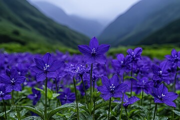 Field of purple star-shaped flowers with a mountain range backdrop under a cloudy sky