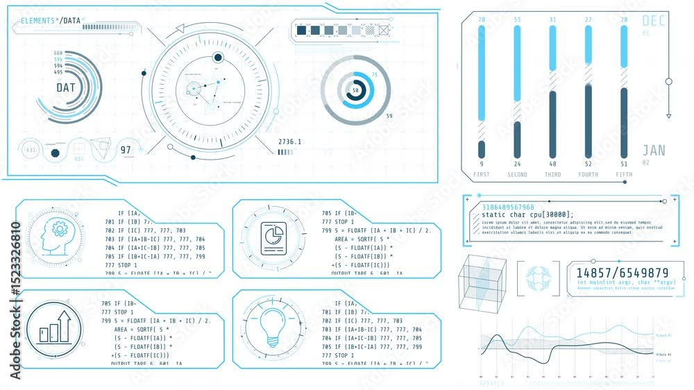 Poster animation of high-tech screen with graphic symbols, data processing