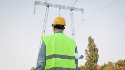 Energy auditor approaching electricity pylon on construction site