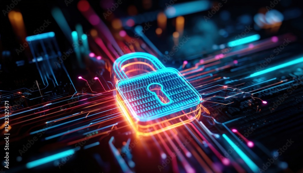 Poster futuristic digital padlock glows on a circuit board, symbolizing cybersecurity and data protection