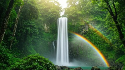 Rainbow waterfall in lush green rainforest - Powered by Adobe