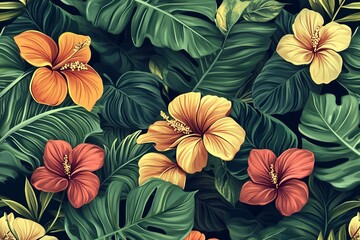 Fototapeta premium Hibiscus and Leaves: Tropical Floral Background