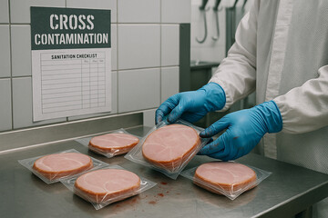 Cross Contamination alert in food packaging process as gloved hands with visible residue handle vacuum-sealed ham on stained metal surface under sanitation checklist