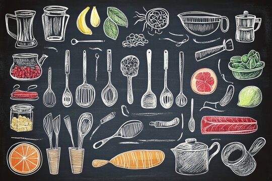 Chalkboard Kitchen Art: Utensils and Ingredients Illustration