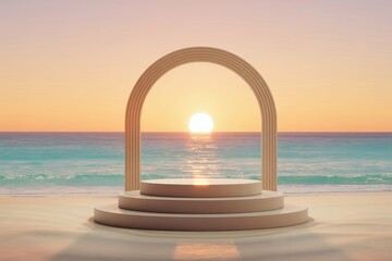 Elegant podium set against serene beach scene with sunset over ocean perfect for showcasing summer travel packages