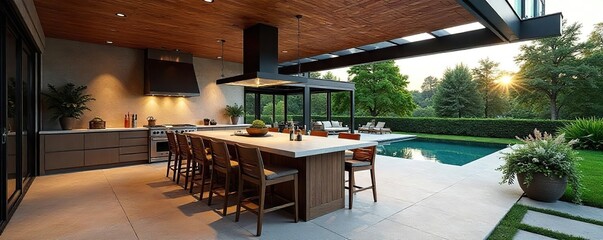 A luxurious outdoor kitchen and dining area situated on a spacious deck, creating a stunning island centerpiece Enjoy the perfect blend of indoor and outdoor living , bar stools, summer living