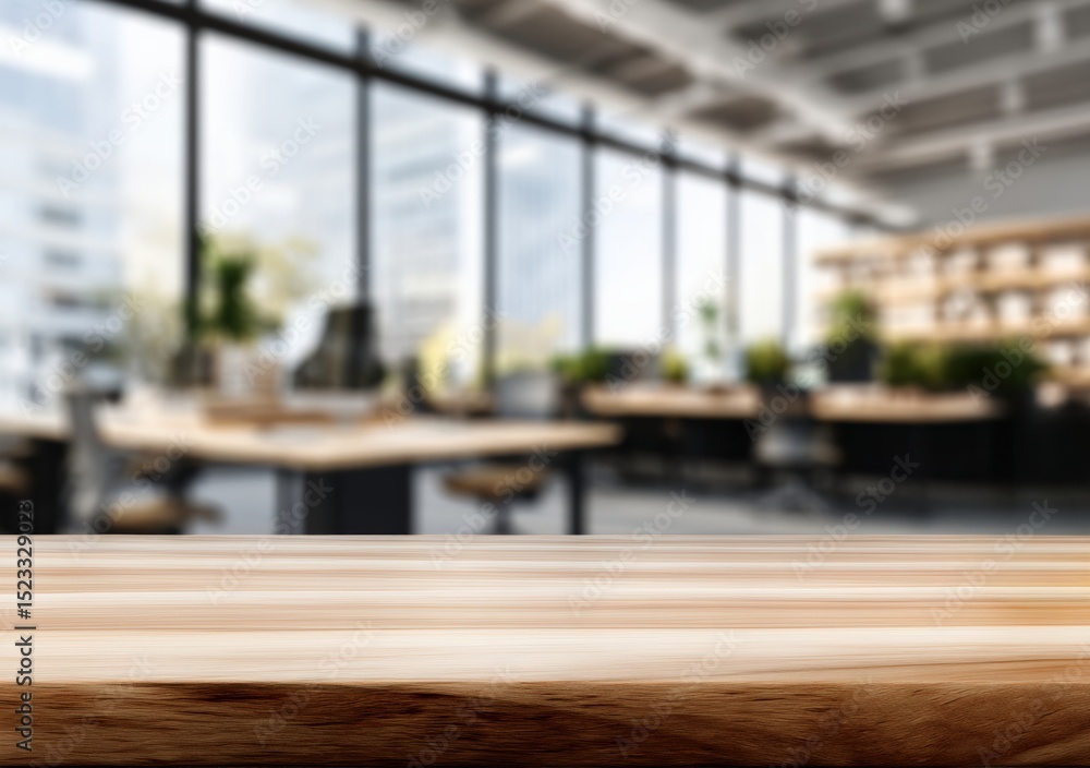 Poster empty wooden desk space platform with blurred modern office background for product presentation