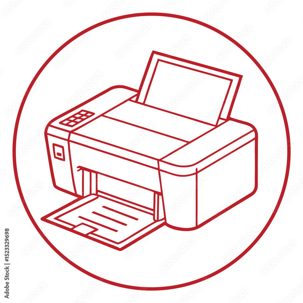 Poster red outline illustration of a printer in a red circle for print concepts