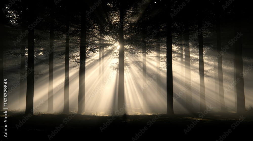Poster sunlight shining through a dark, foggy forest, casting long rays of light through the trees