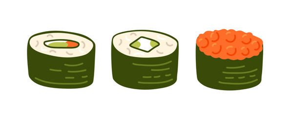 Colorful sushi rolls arranged neatly on a white background for culinary presentation